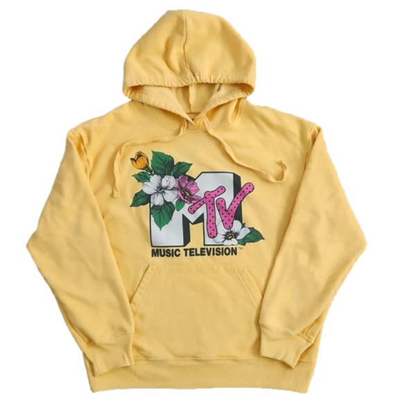 MTV Yellow Floral Design Logo Hoodie Sweatshirt - Picture 1 of 6